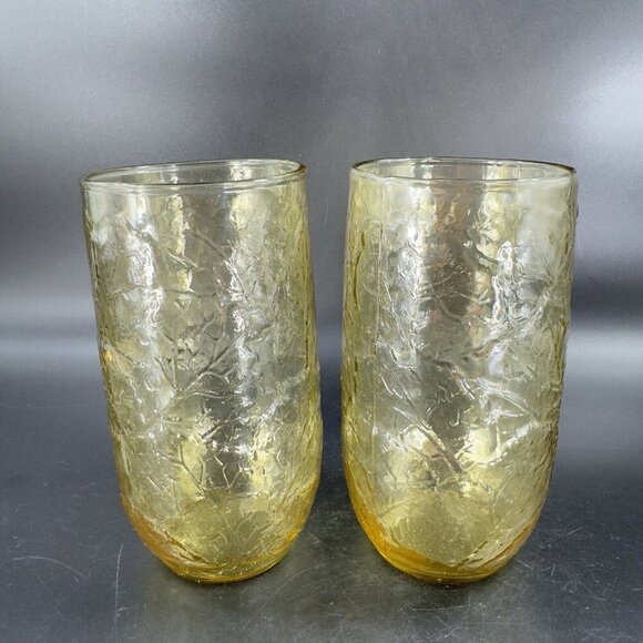 Anchor Hocking Sherwood Amber Glass Leaf Textured Glasses Vintage Glassware Set2 - Picture 12 of 12